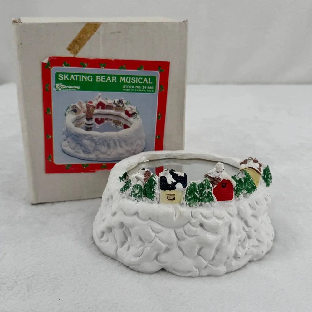 Vintage Christmas Around the World Skating Bear Musical Village Base ONLY Snowy